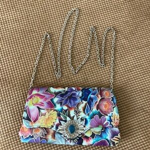 Kemestry leather hand tooled exquisite silver trim long chain purse/clutch NWOT